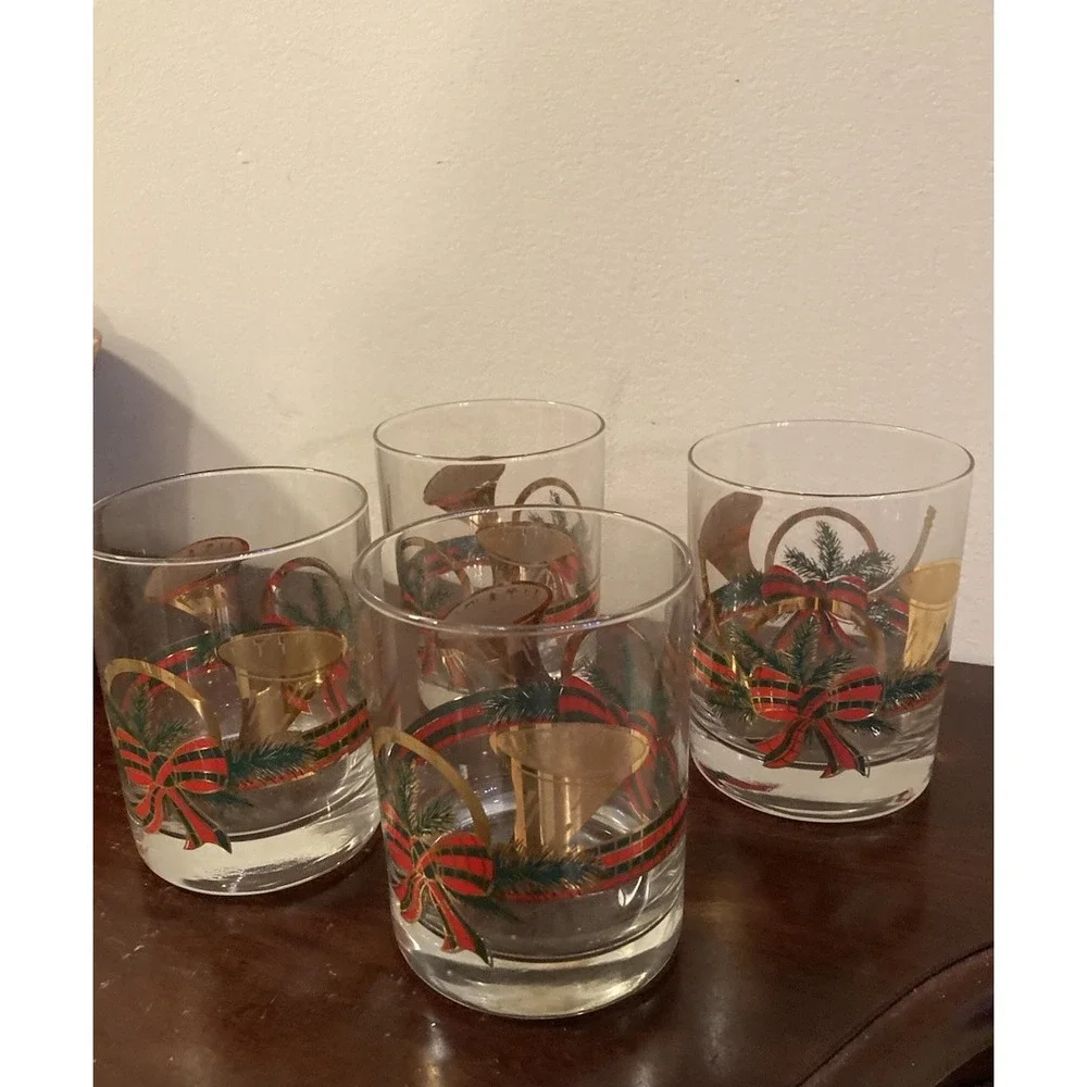 Set Of 4 Vintage‎ MCM Culver Glasses 22k Gold Christmas Yule Horn With Box